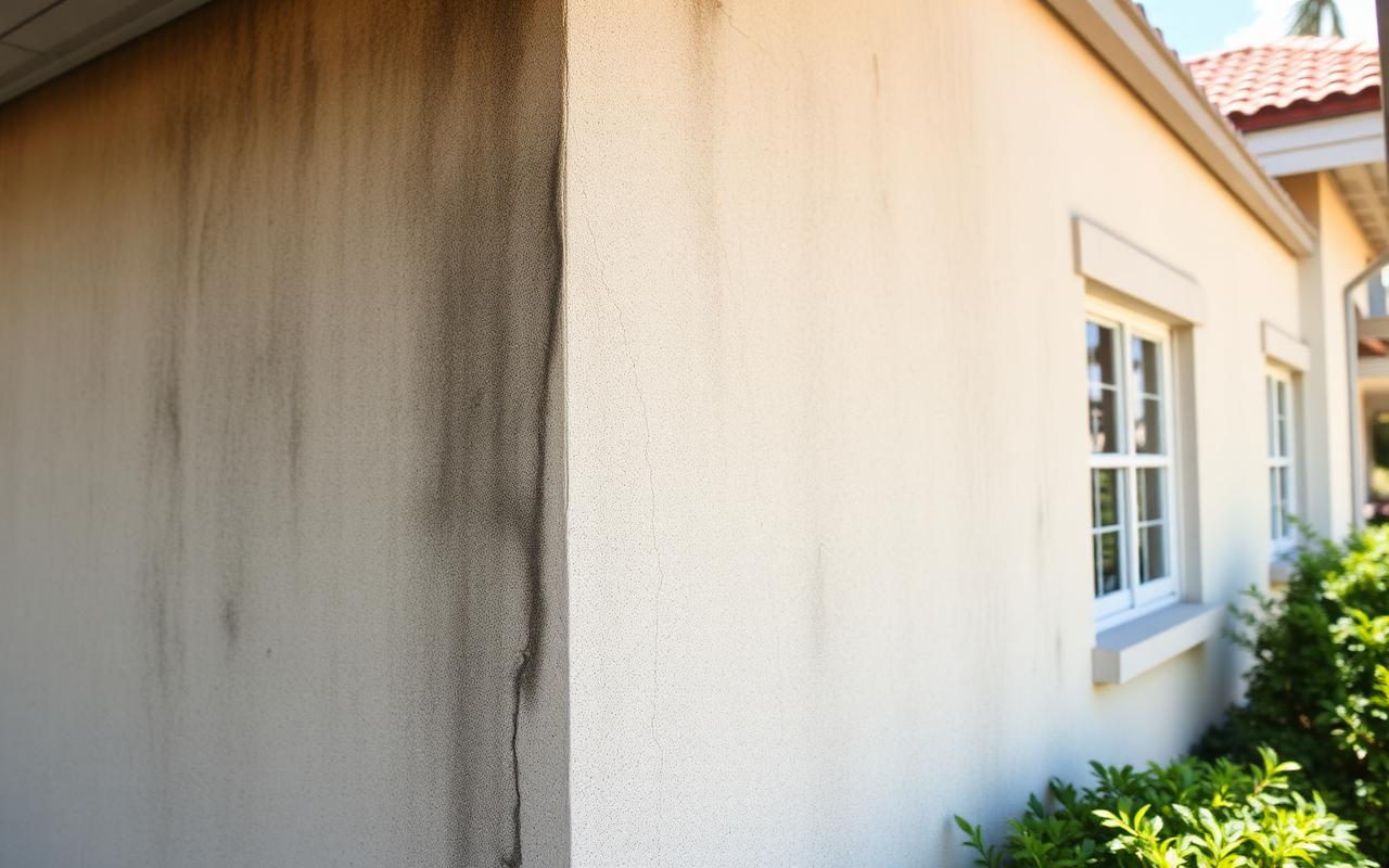 South Florida stucco wall before soft-wash treatment