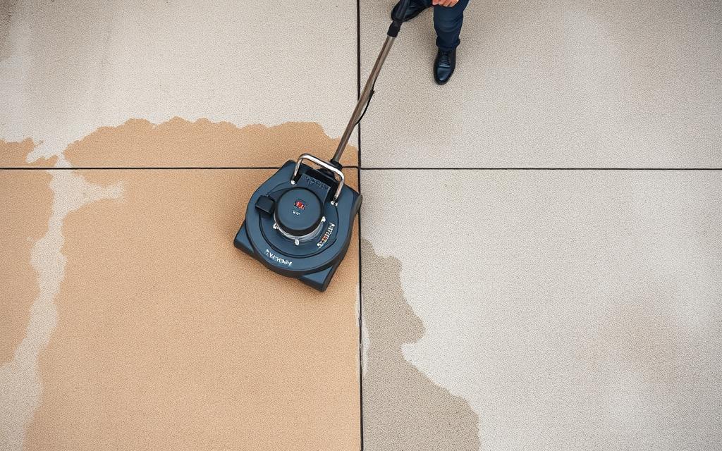 Pressure washer cleaning a concrete driveway surface