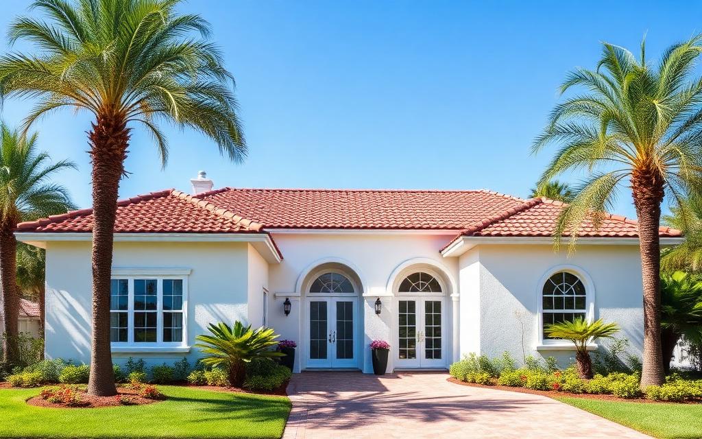 Clean white stucco home with red clay tile roof
