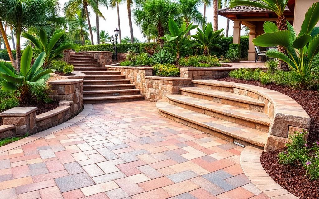 Curved paver walkway with stone steps and landscaping