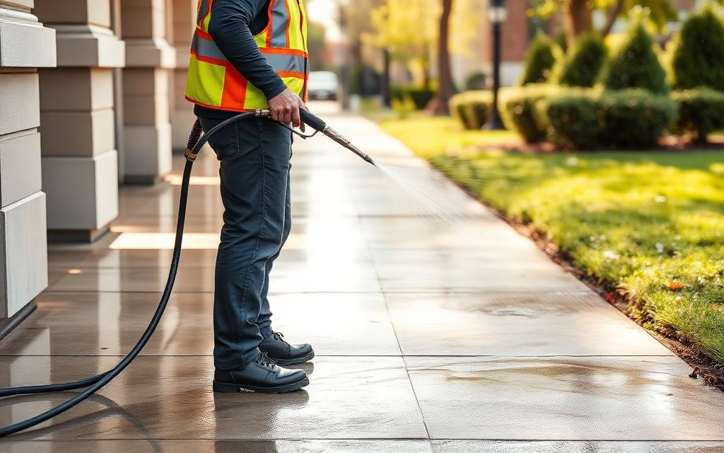 Worker in safety vest pressure-washing a concrete sidewalk
