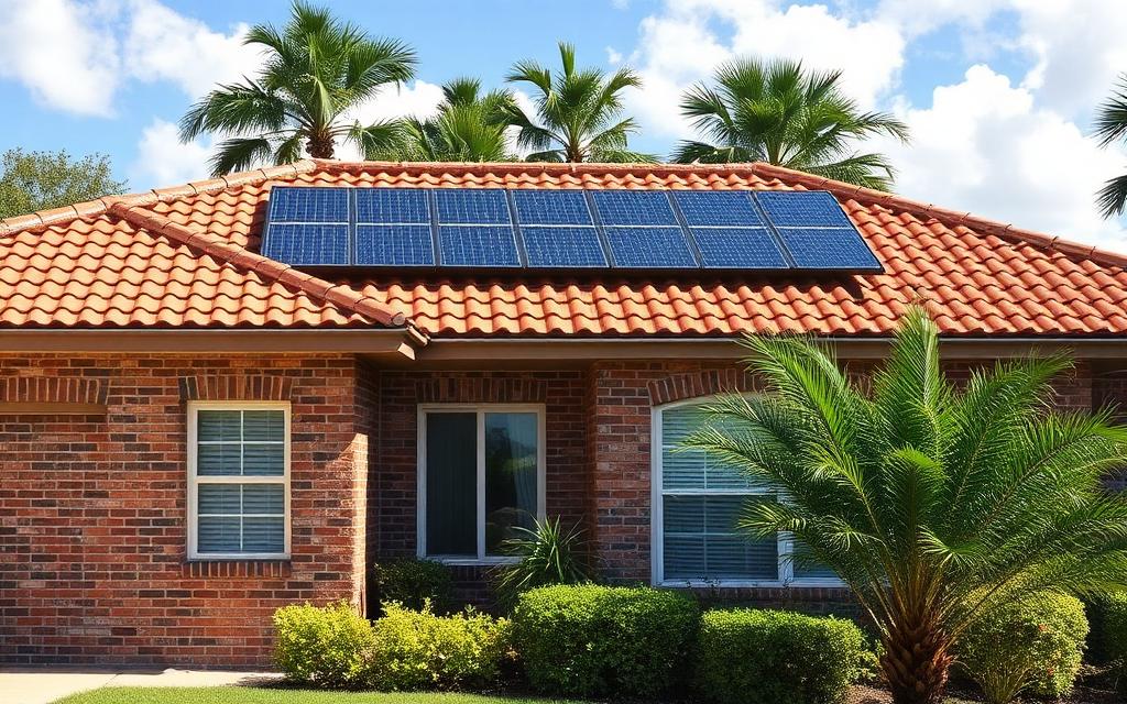 Brick home with a clean tile roof and solar panels