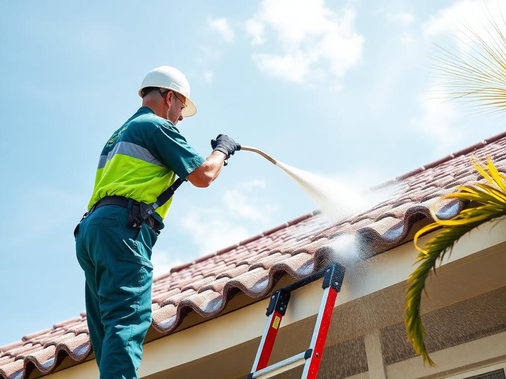 Soft wash low-pressure technique applied to a South Florida tile roof