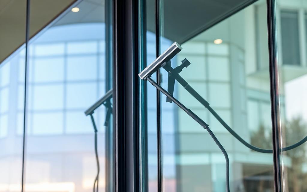 Window cleaner squeegeeing a large glass facade